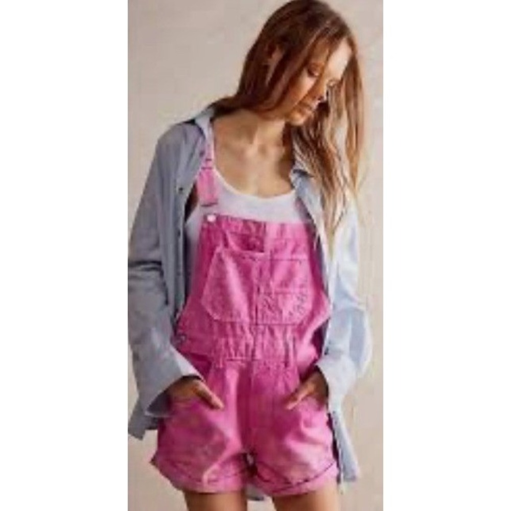 Free People We The Free Ziggy Shortalls Large Pink Tie Dye Denim Boho Festival
